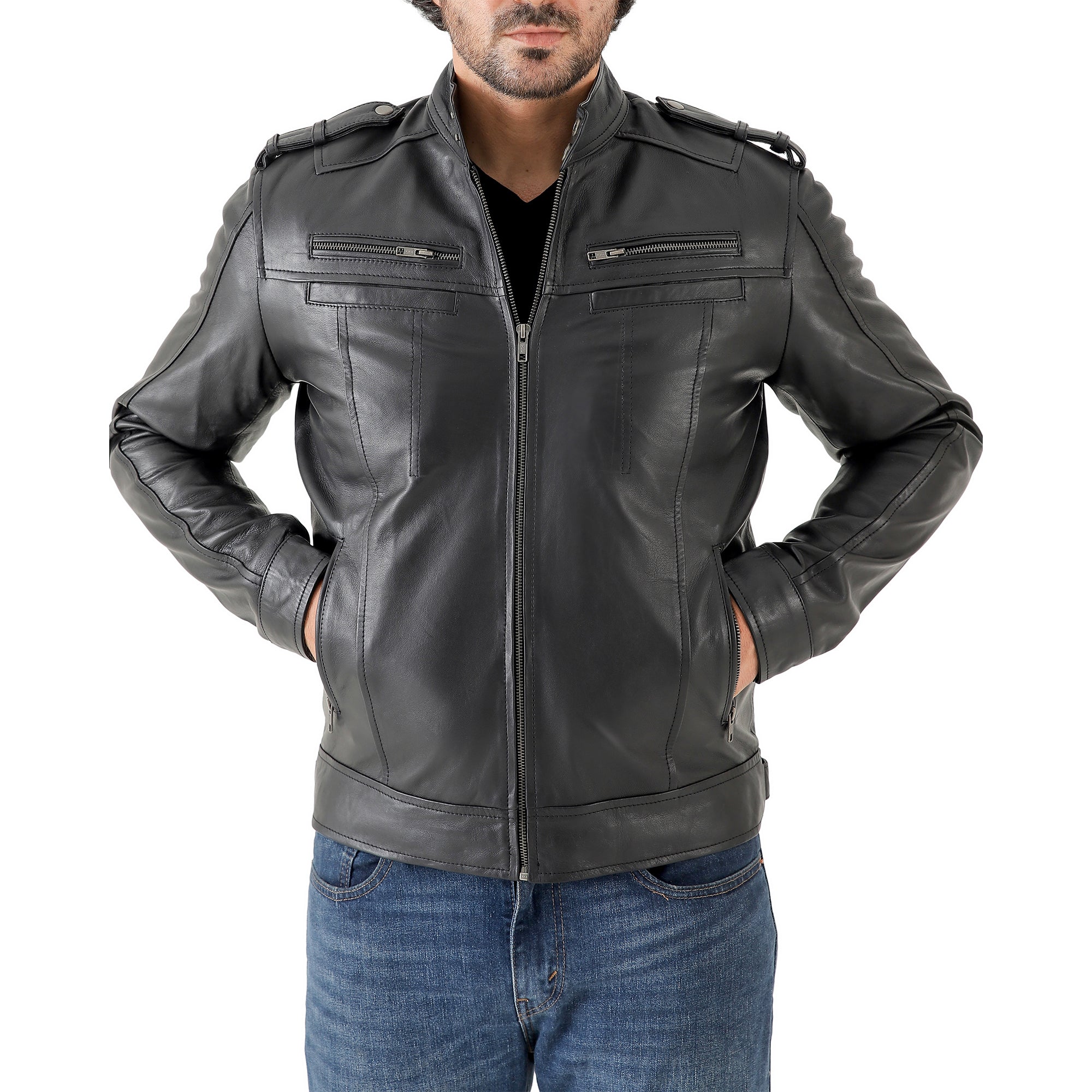 Men’s Leather Biker Jacket – Vintage Shoulder Epaulettes