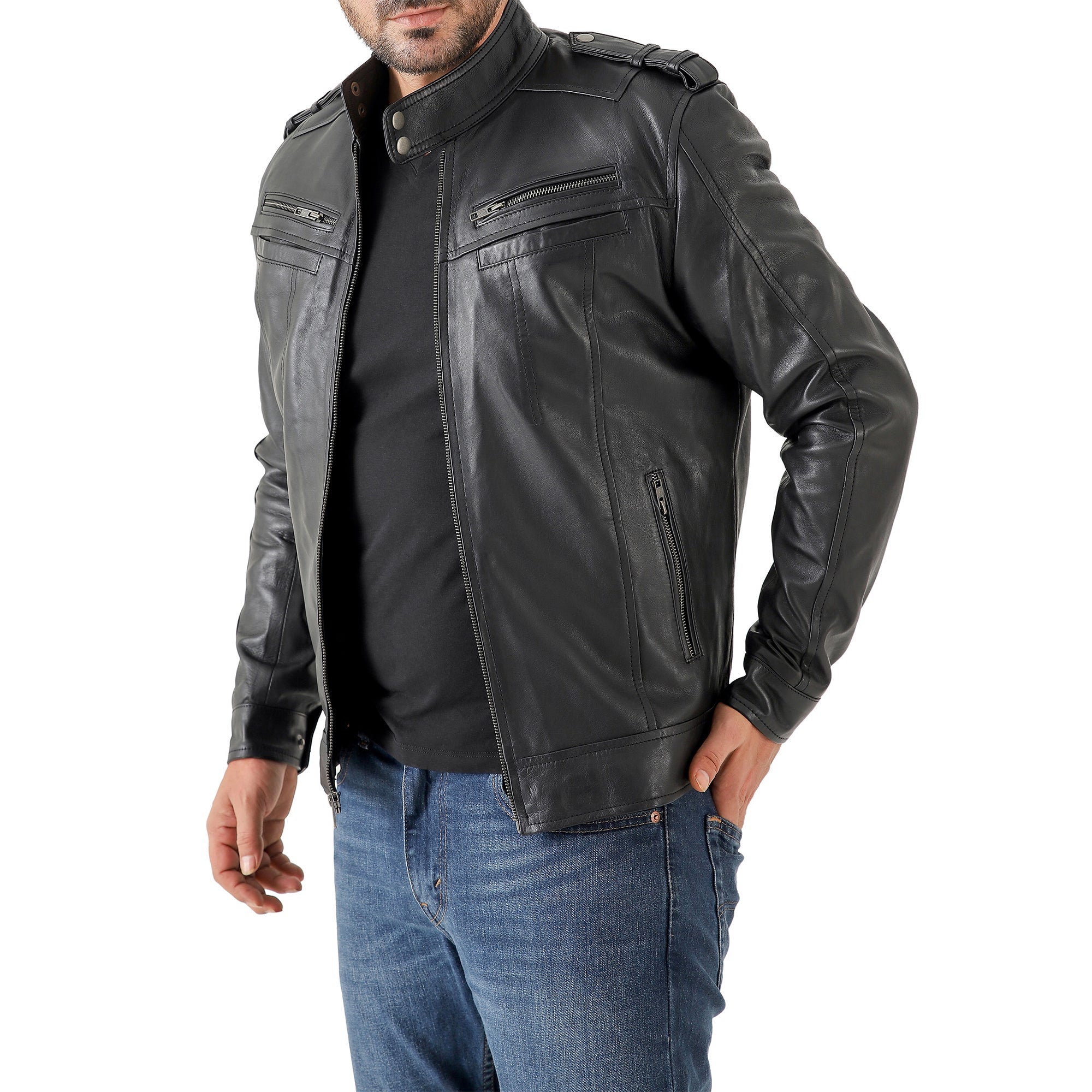 Men’s Leather Biker Jacket – Vintage Shoulder Epaulettes