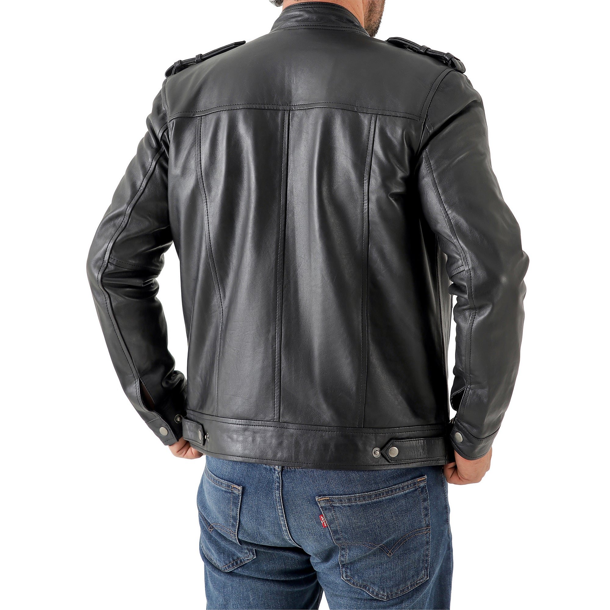 Men’s Leather Biker Jacket – Vintage Shoulder Epaulettes