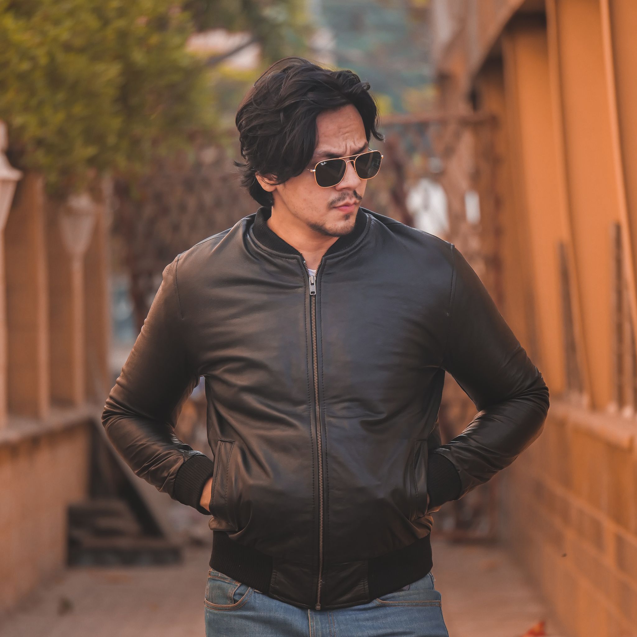 Bomber Style Mens Leather Jacket-Black