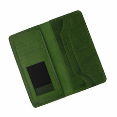Slim Vintage Long Leather Travel Wallet For Mobile/Credit Cards OLIVE GREEN